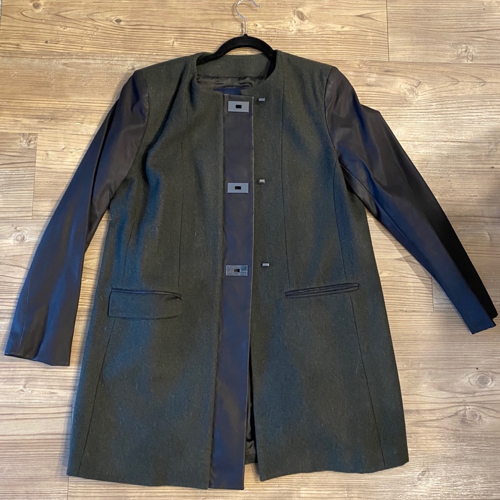 French connection army green & black leather coat
